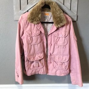 Pink utility Jacket with faux fur collar